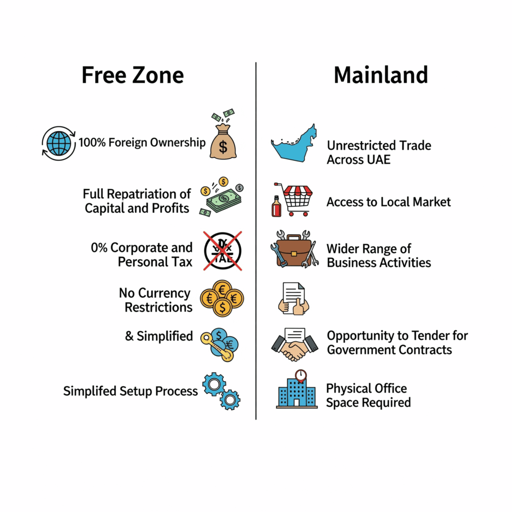 Free Zone vs Mainland company formation in Dubai