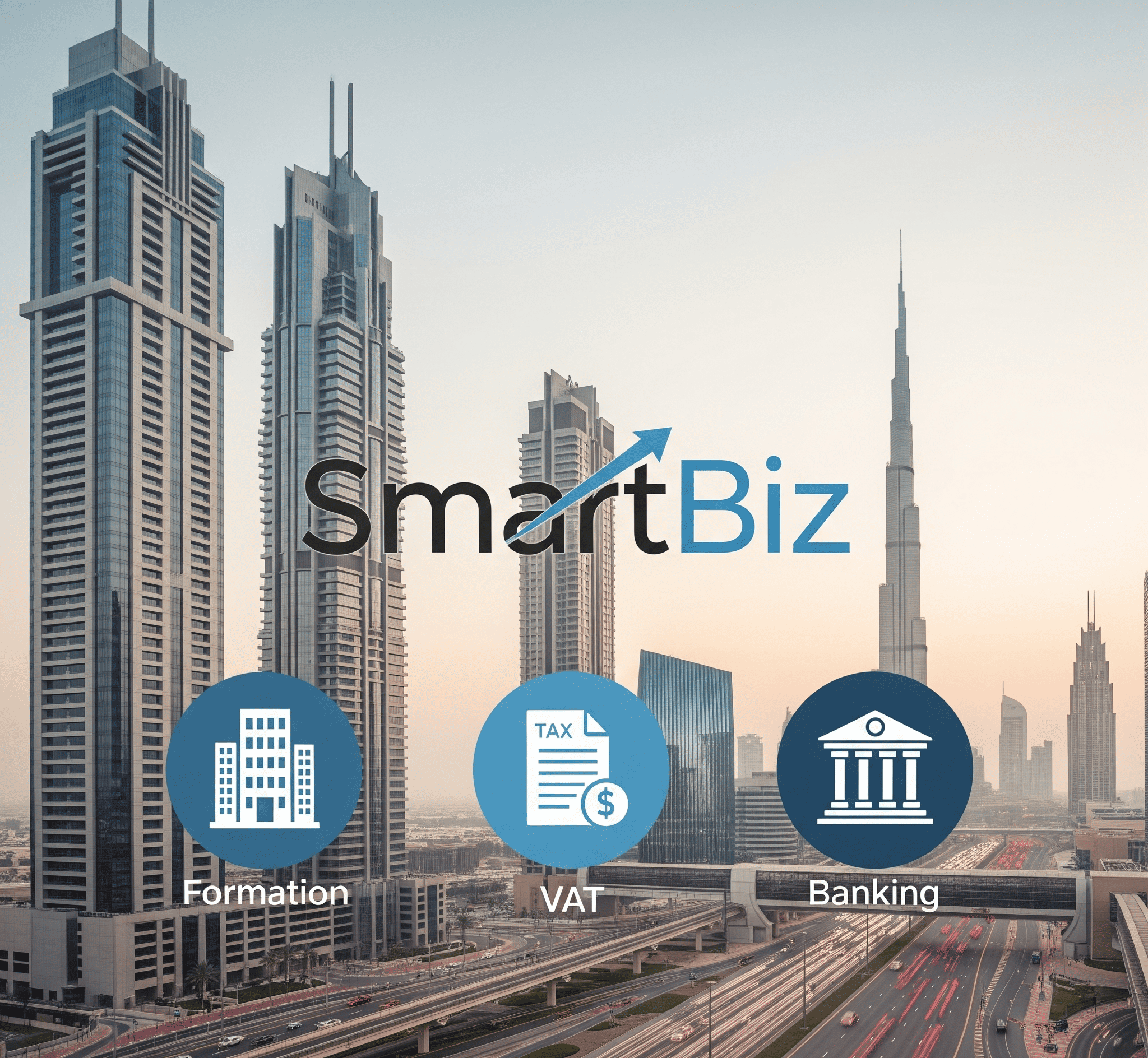 SmartBiz company formation, VAT compliance, and banking services, set against a faded Dubai business skyline.