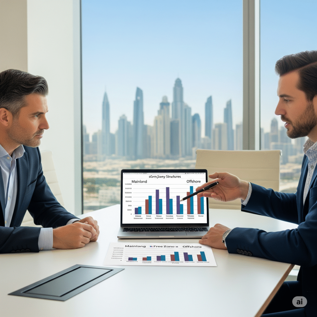 Entrepreneur and business consultant reviewing legal structure options for a Dubai company