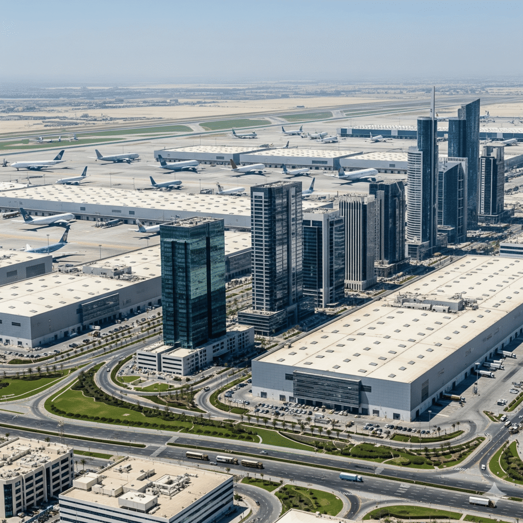 Aerial view of Dubai CommerCity business park showcasing warehouses, offices, and logistics facilities.