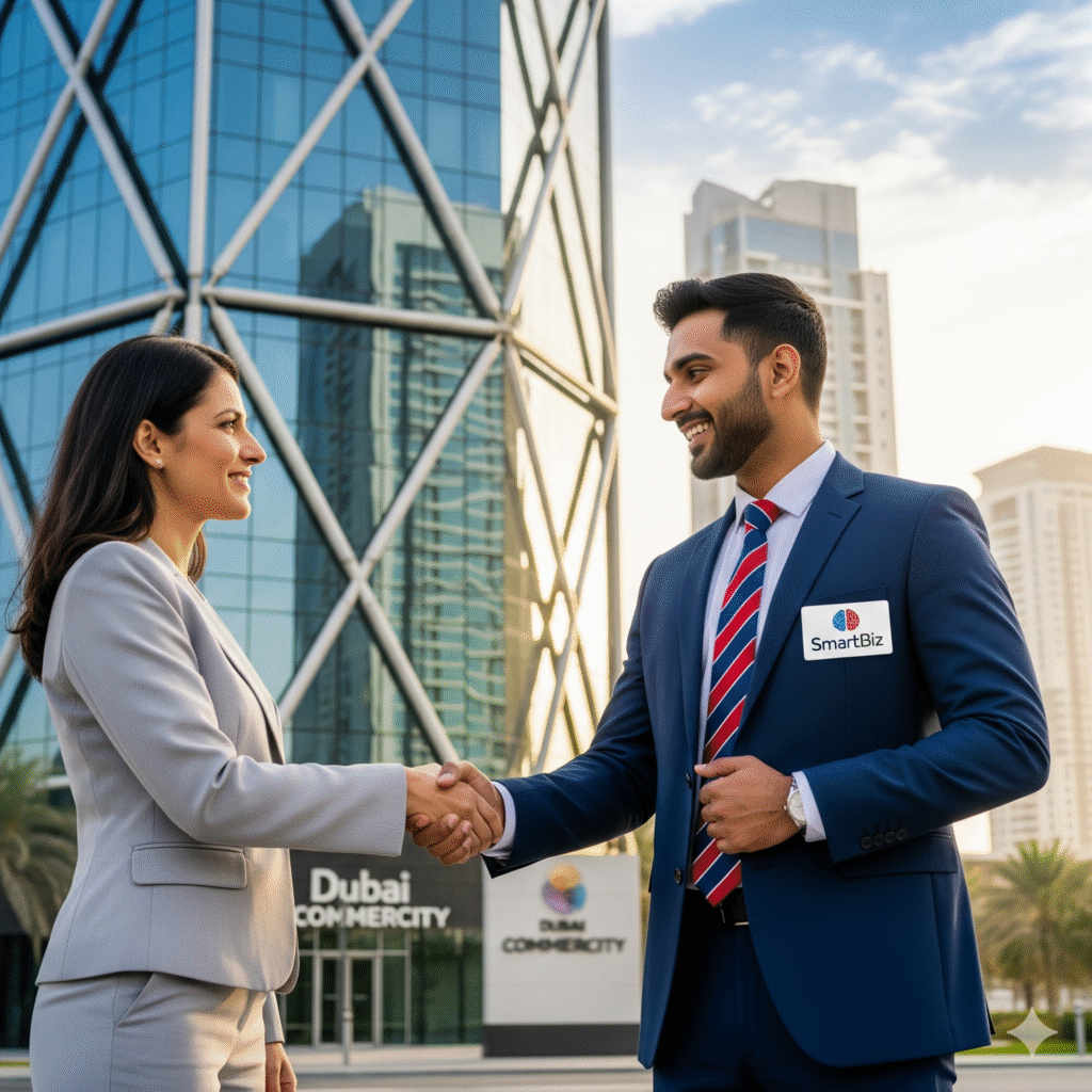 A SmartBiz consultant shaking hands with a client in front of Dubai CommerCity offices.