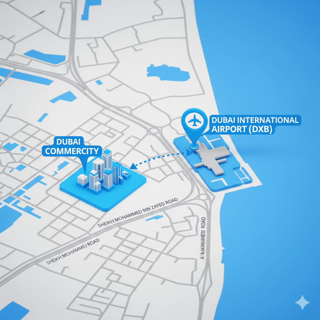 Map showing Dubai CommerCity location near Dubai International Airport