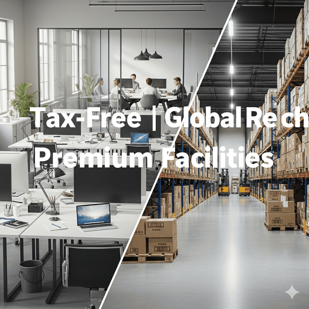 Modern office and a busy warehouse representing Dubai CommerCity’s e-commerce and trade opportunities.