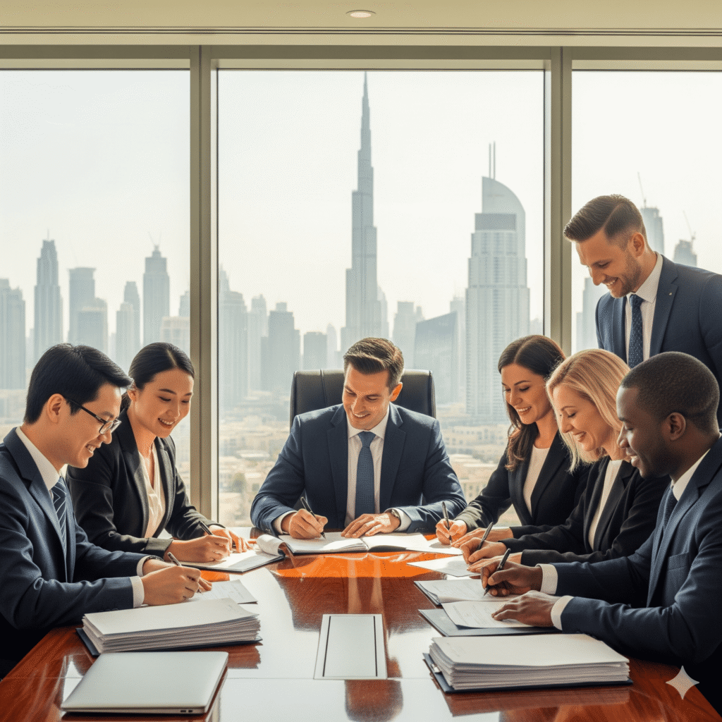 Entrepreneurs signing company formation documents in a Dubai office with the city skyline
