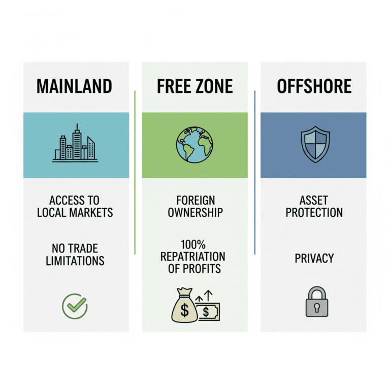 Comparison chart of UAE business setup types – SmartBiz mainland, free zone, and offshore formation.