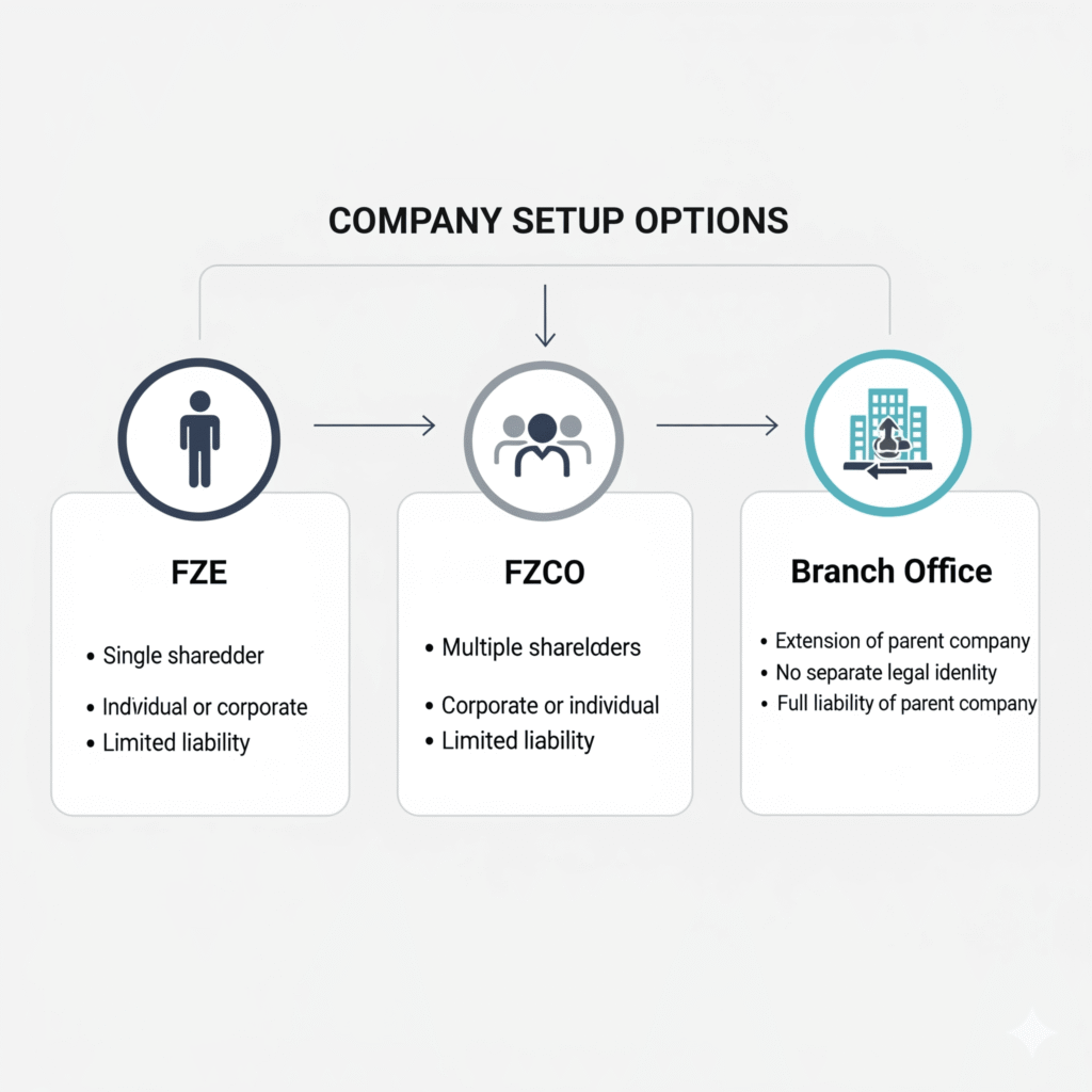 Flowchart Dubai CommerCity company structure types, including FZE, FZCO, and branch office options.