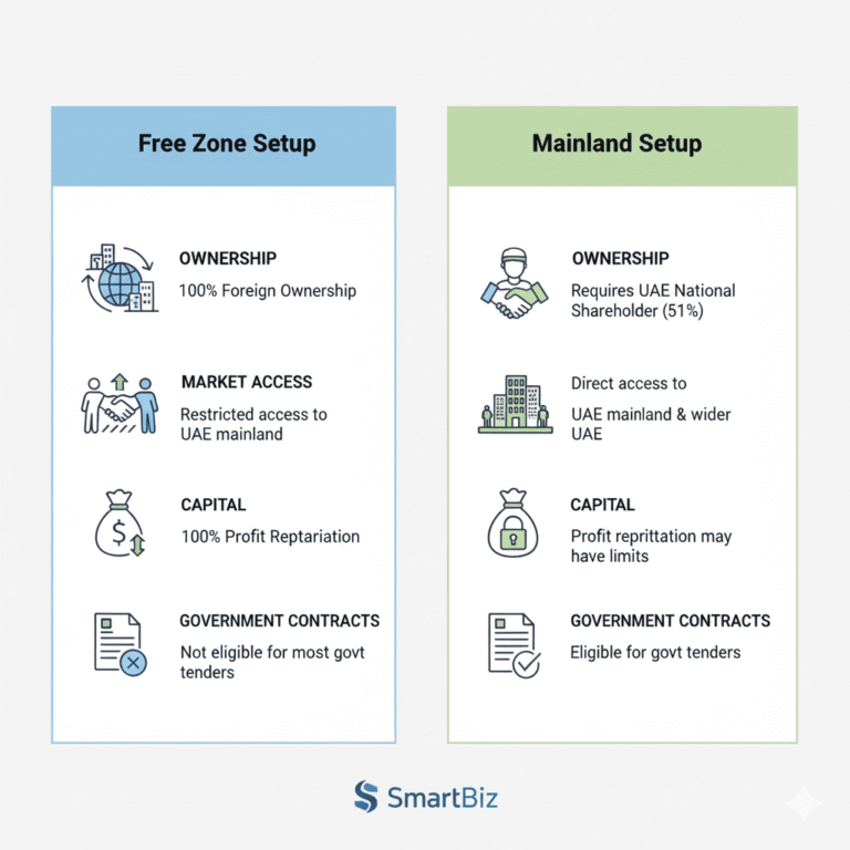 Side-by-side infographic comparing Free Zone vs Mainland.
