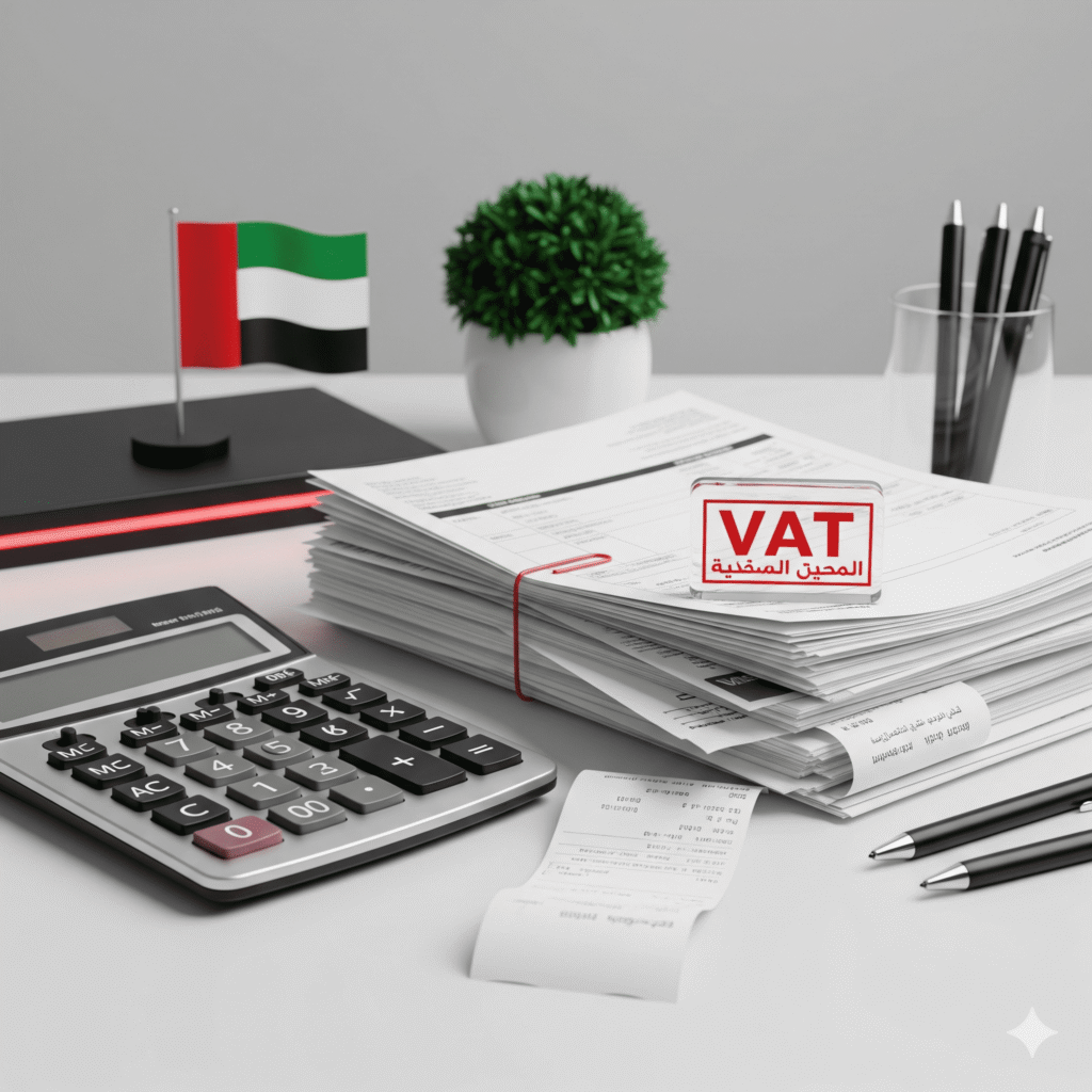 Close-up of VAT registration documents, calculator, and UAE flag-themed desk accessories.
