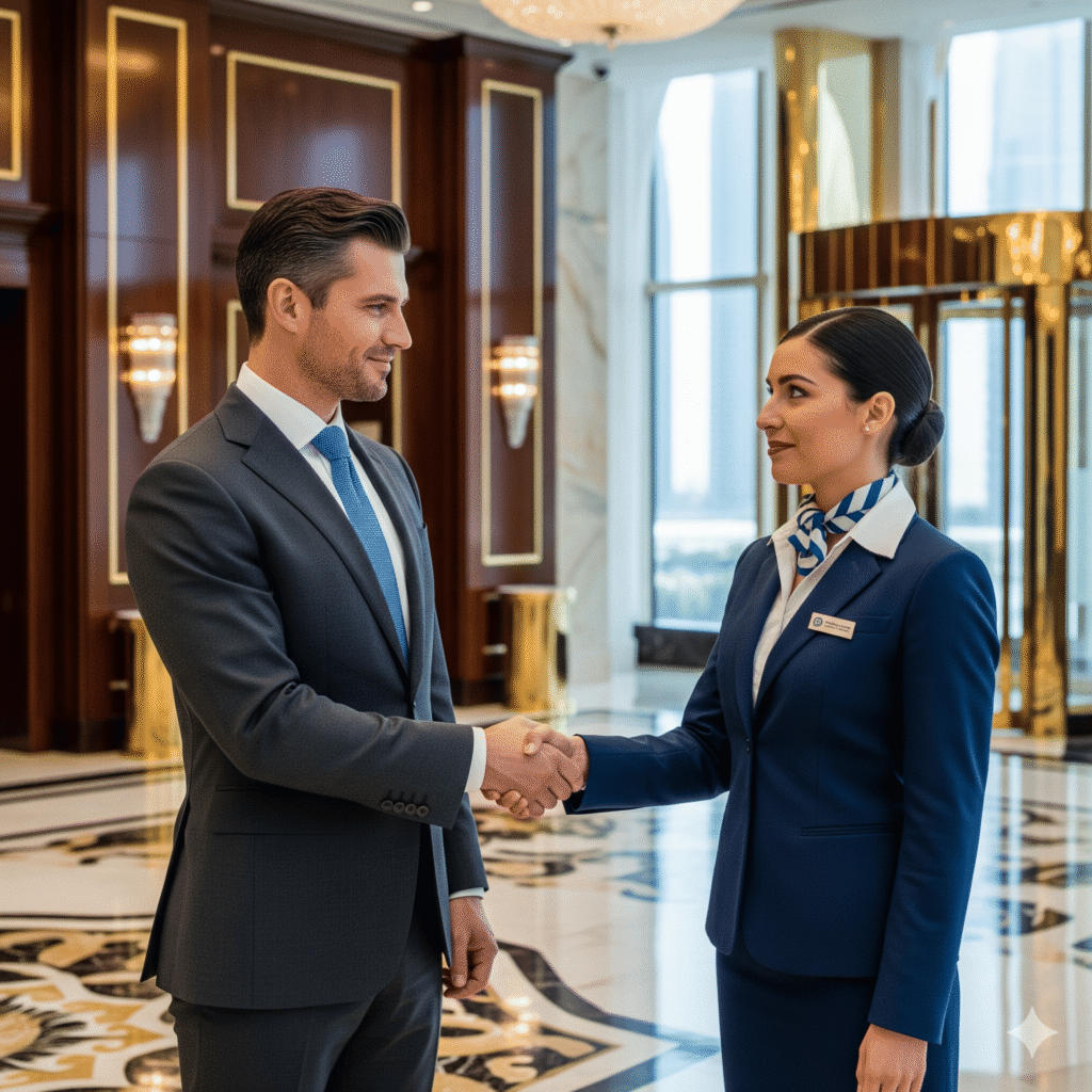 Businessperson shaking hands with a banker in a modern Dubai bank branch, symbolizing trust.