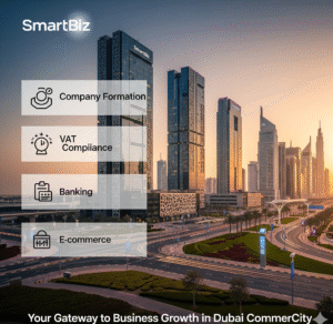 "SmartBiz business setup services in Dubai CommerCity – company formation, VAT compliance, and banking solutions"