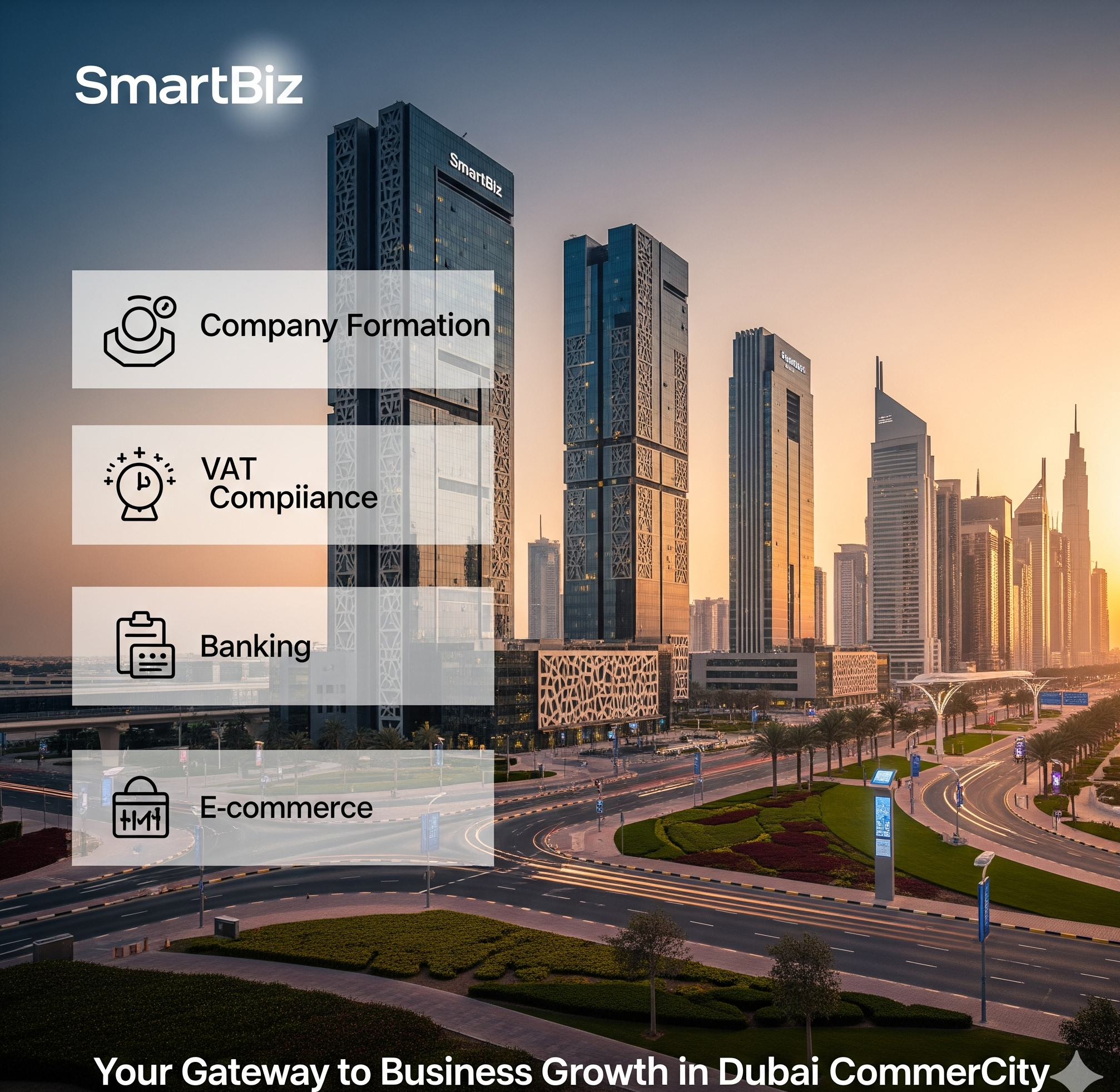 "SmartBiz business setup services in Dubai CommerCity – company formation, VAT compliance, and banking solutions"